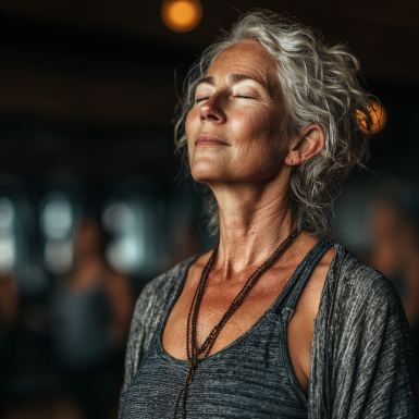 Жінка зрілого віку практикує йогу на природі