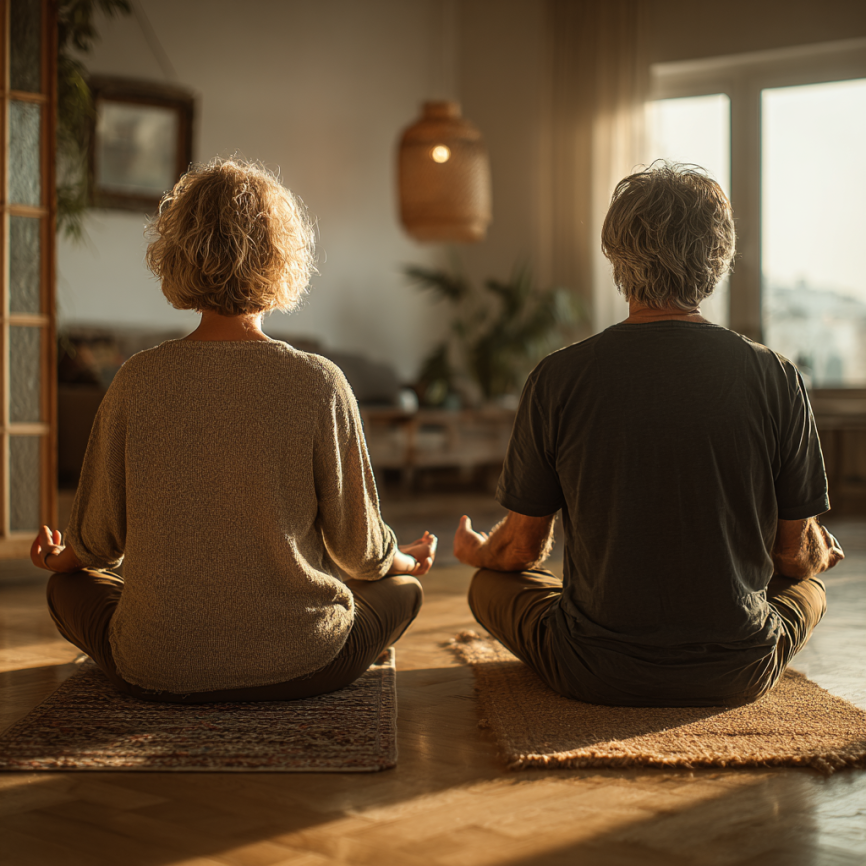 Група літніх людей на заняттях йоги